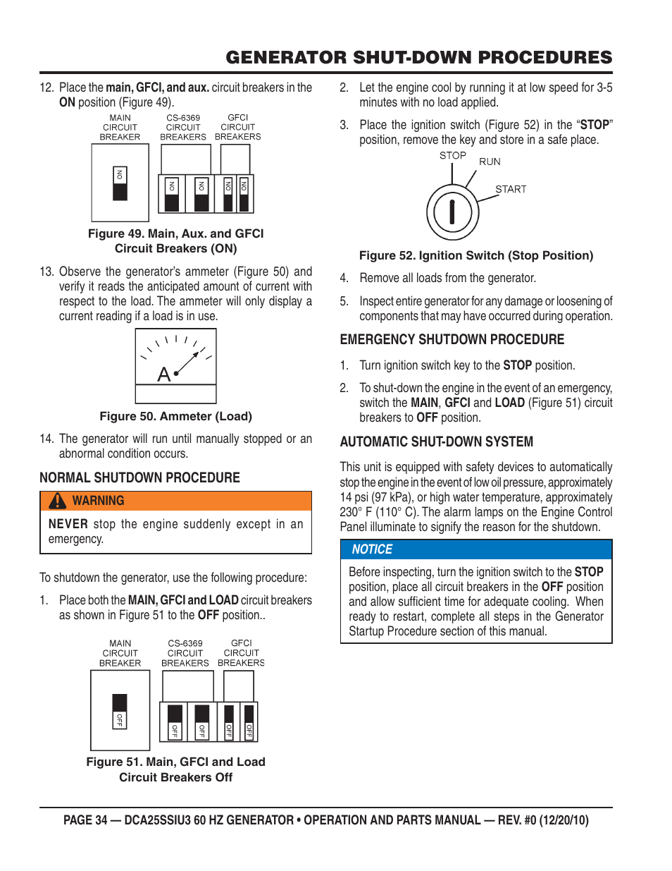 Generator shut-down procedures | Multiquip 60HZ GENERATOR DCA25SSIU3 User Manual | Page 34 / 76