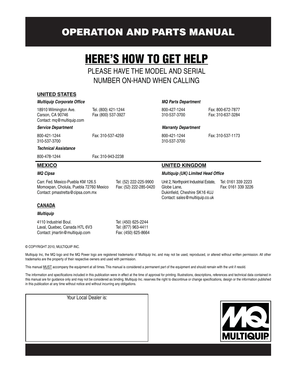 Here’s how to get help, Operation and parts manual | Multiquip 60HZ GENERATOR DCA25SSIU3 User Manual | Page 76 / 76