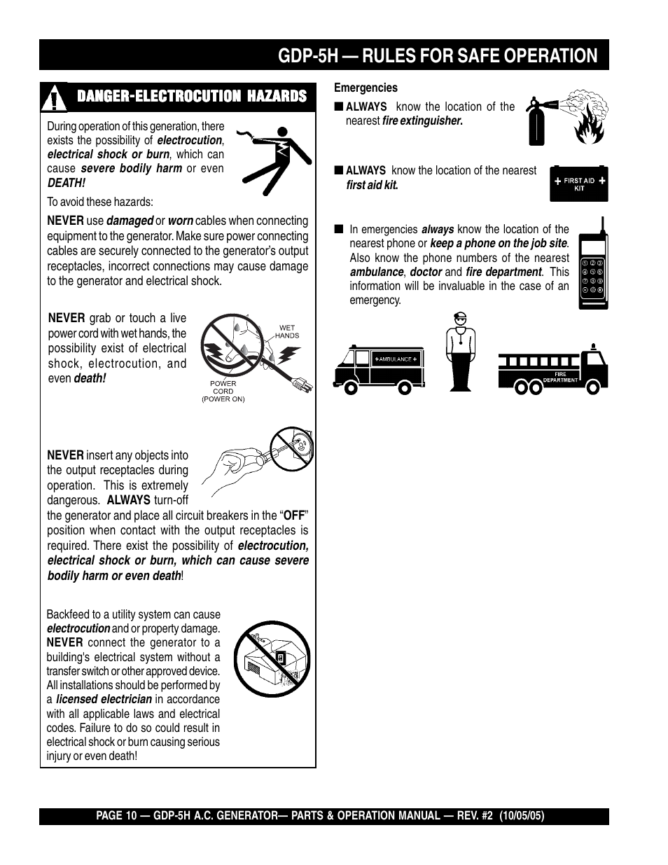 Gdp-5h — rules for safe operation | Multiquip High Cycle Generator GDP-5H User Manual | Page 10 / 82