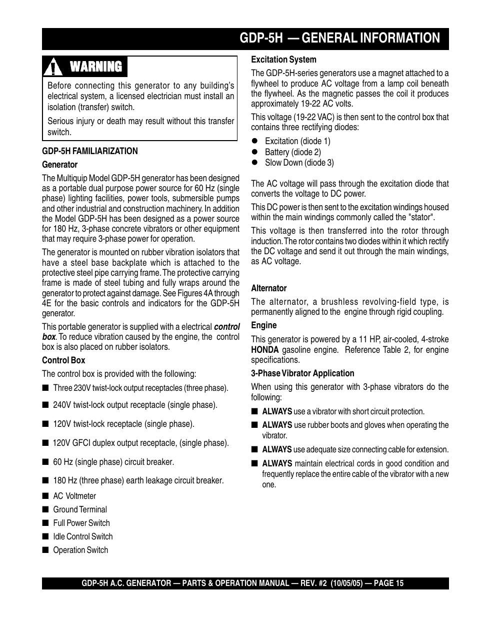 Gdp-5h — general information, Warning | Multiquip High Cycle Generator GDP-5H User Manual | Page 15 / 82