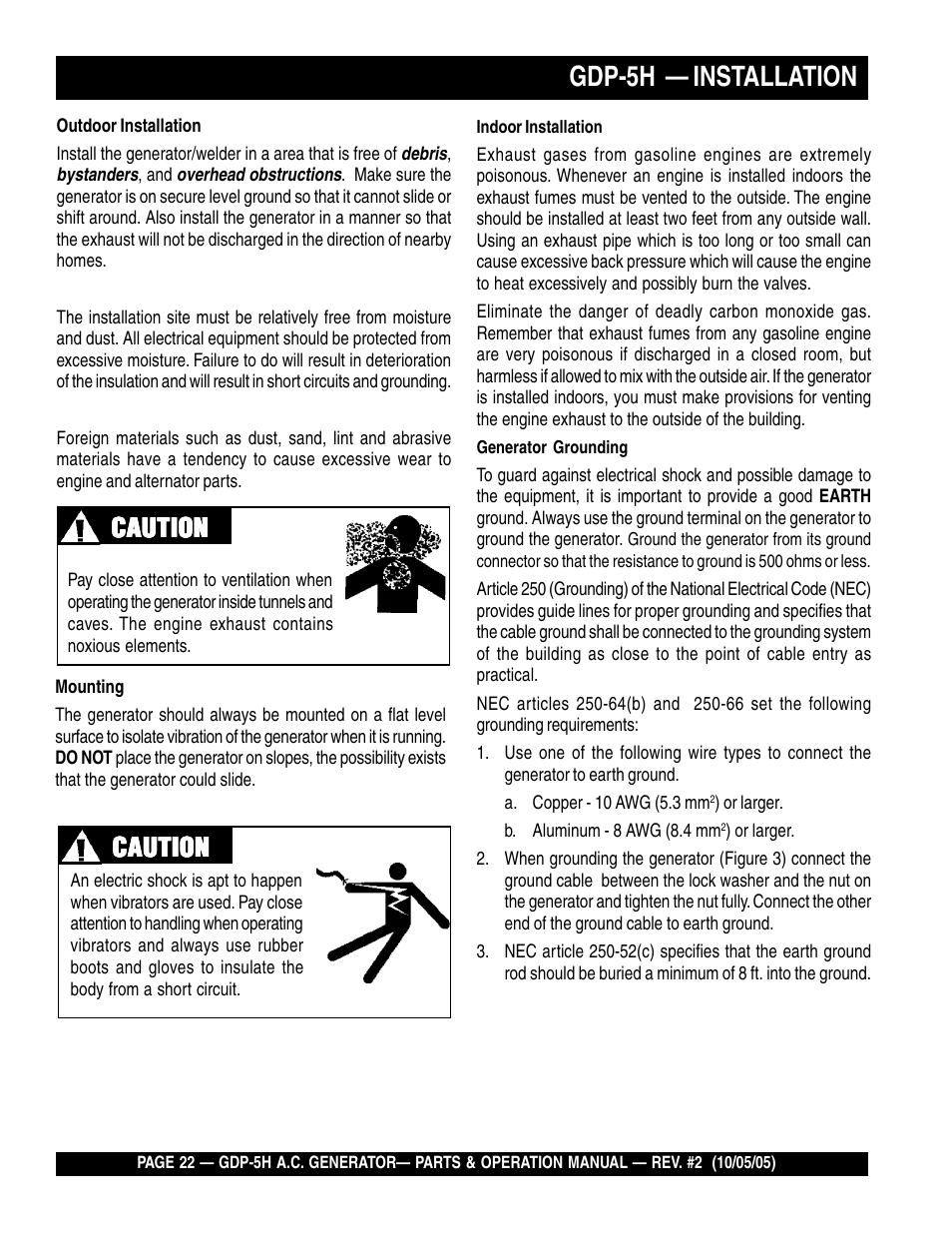 Gdp-5h — installation, Caution | Multiquip High Cycle Generator GDP-5H User Manual | Page 22 / 82