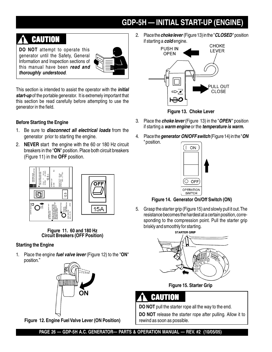 Gdp-5h — initial start-up (engine), Caution | Multiquip High Cycle Generator GDP-5H User Manual | Page 26 / 82