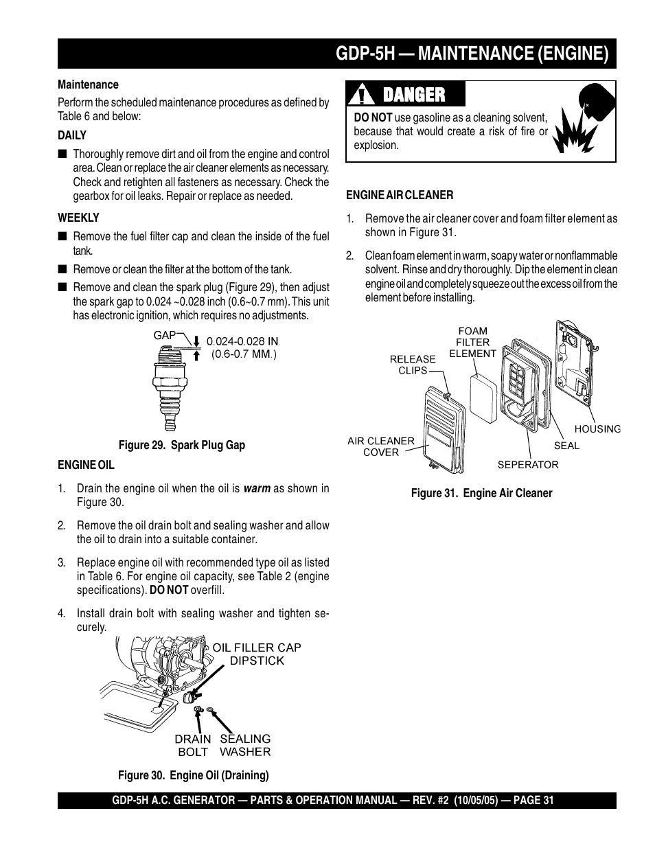 Gdp-5h — maintenance (engine), Danger | Multiquip High Cycle Generator GDP-5H User Manual | Page 31 / 82