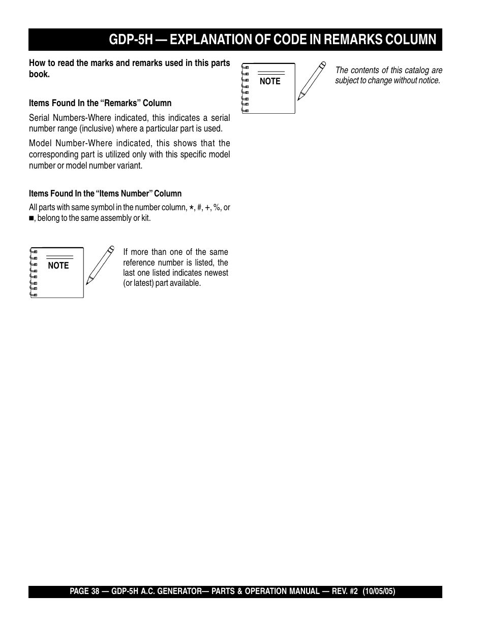 Gdp-5h — explanation of code in remarks column | Multiquip High Cycle Generator GDP-5H User Manual | Page 38 / 82