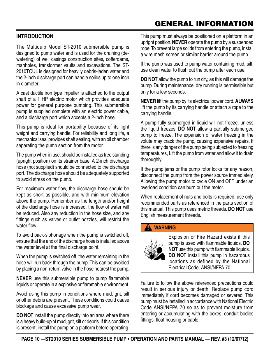 General information | Multiquip Submersible Pump ST2010 Series User Manual | Page 10 / 38