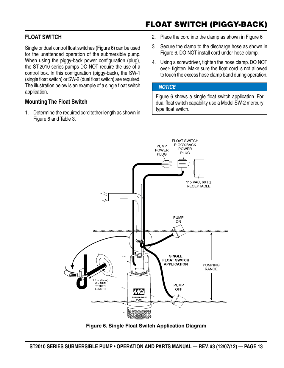 Float switch (piggy-back) | Multiquip Submersible Pump ST2010 Series User Manual | Page 13 / 38