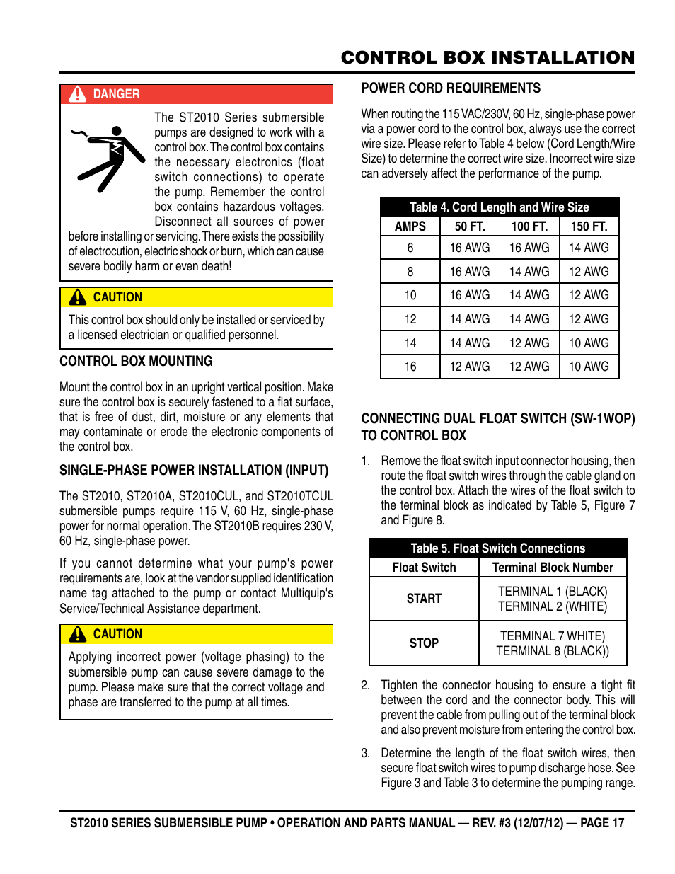 Control box installation | Multiquip Submersible Pump ST2010 Series User Manual | Page 17 / 38