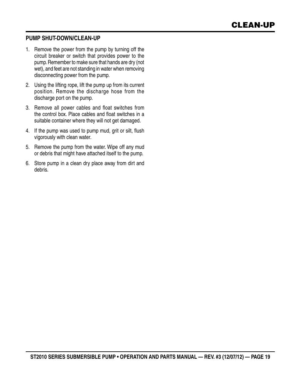 Clean-up | Multiquip Submersible Pump ST2010 Series User Manual | Page 19 / 38