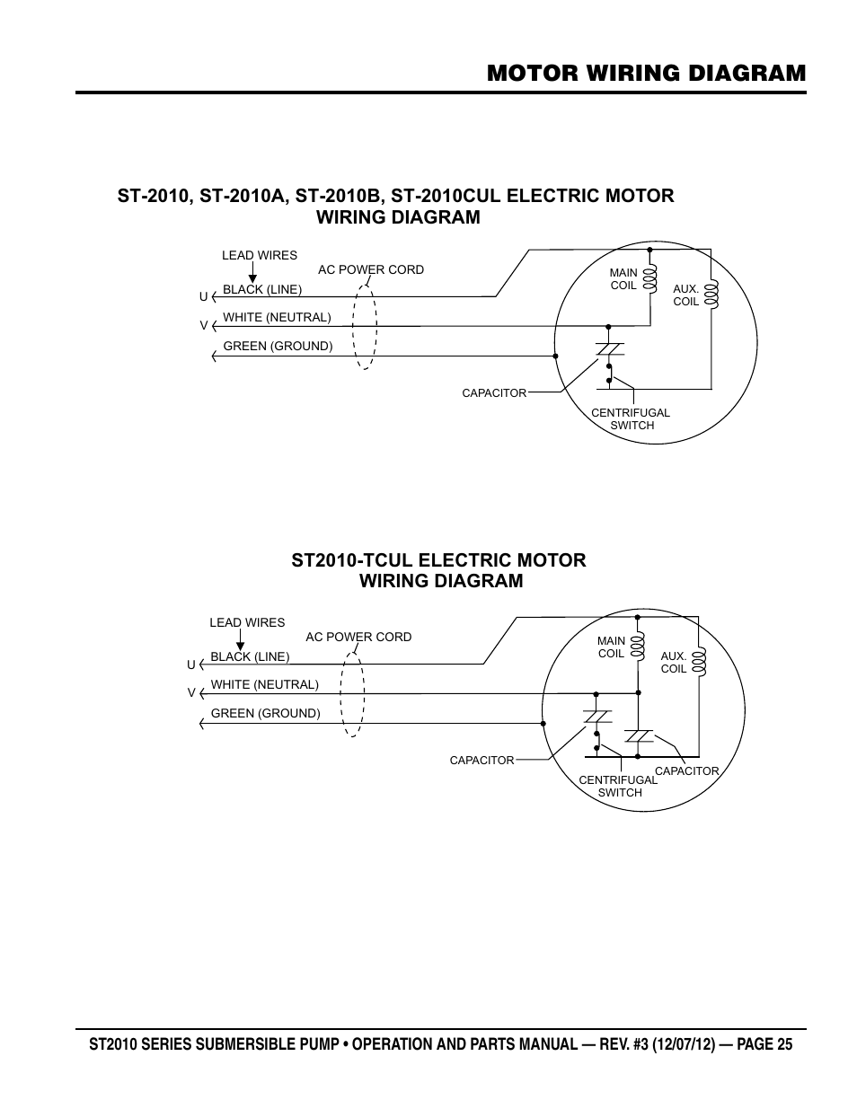 Motor wiring diagram, St2010-tcul electric motor wiring diagram | Multiquip Submersible Pump ST2010 Series User Manual | Page 25 / 38