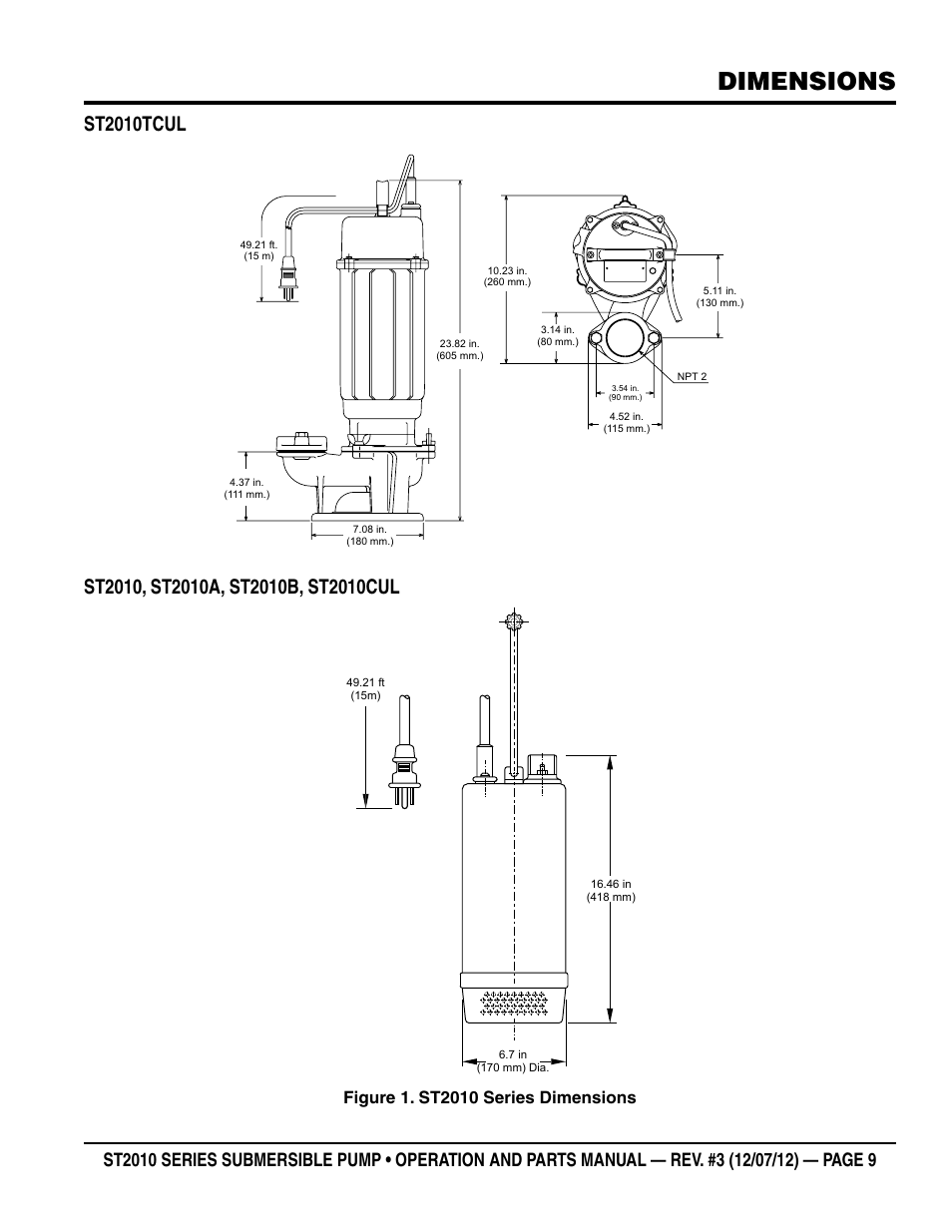 Dimensions | Multiquip Submersible Pump ST2010 Series User Manual | Page 9 / 38