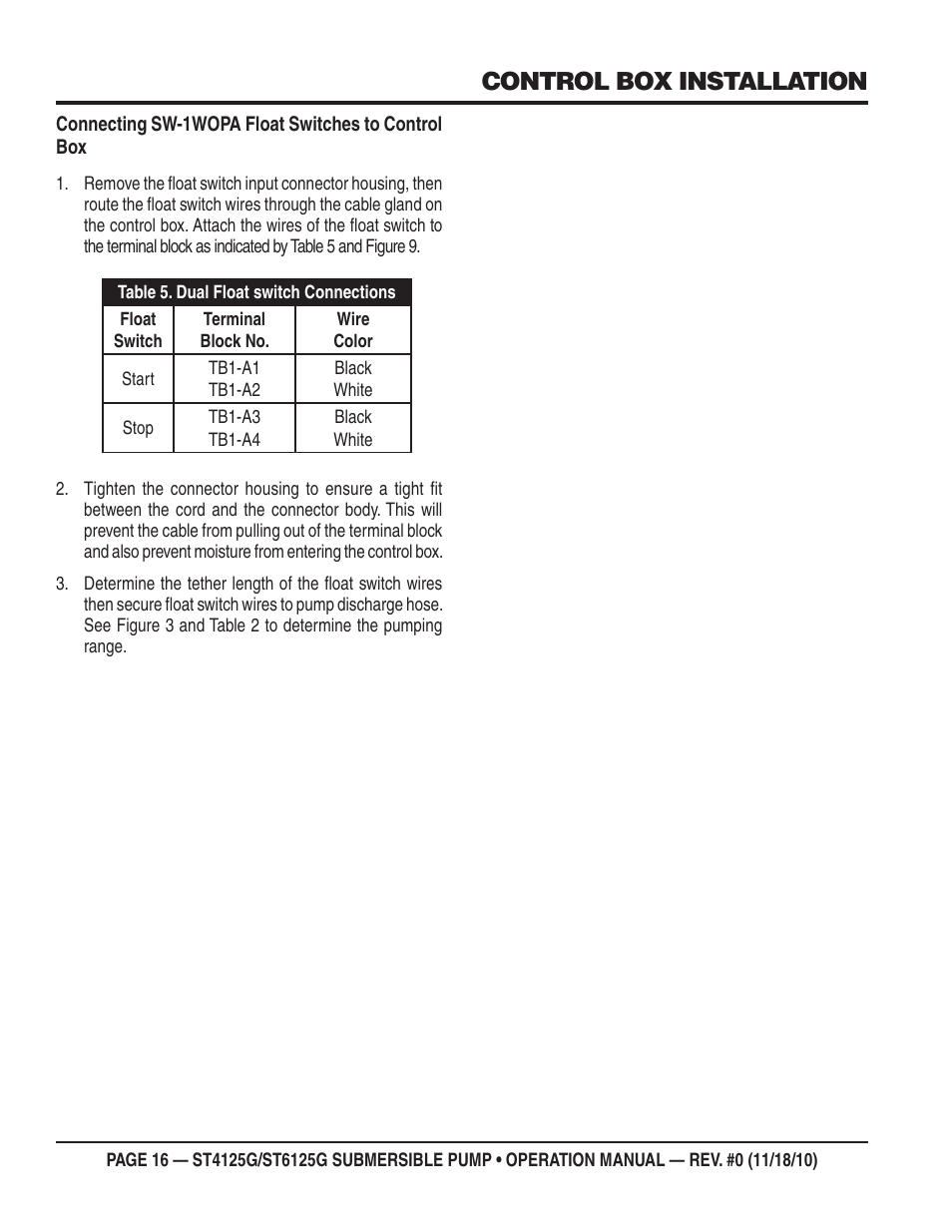 Control box installation | Multiquip Submersible Pump ST4125G User Manual | Page 16 / 28