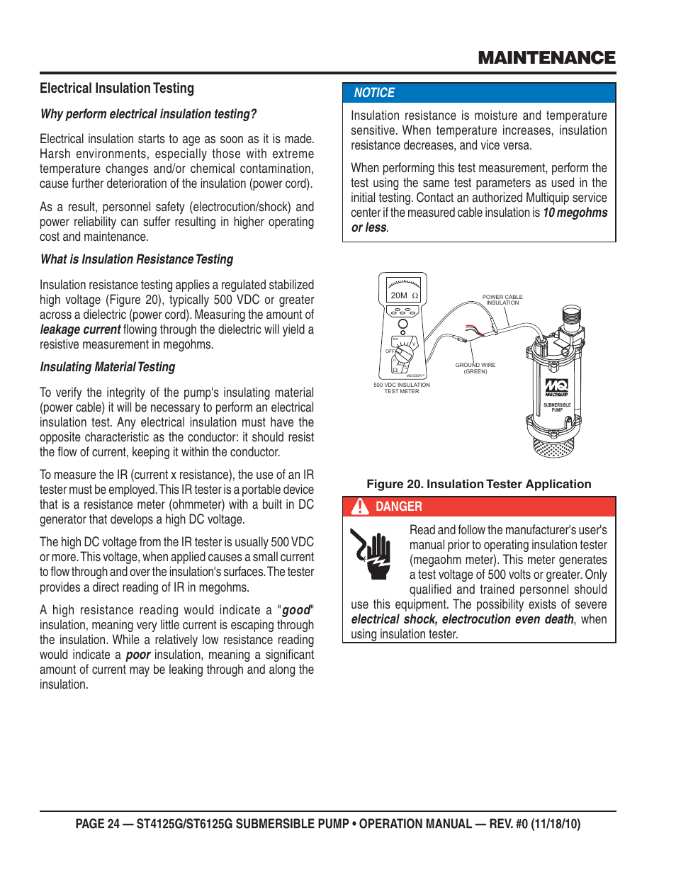 Maintenance, Electrical insulation testing, Figure 20. insulation tester application | Multiquip Submersible Pump ST4125G User Manual | Page 24 / 28