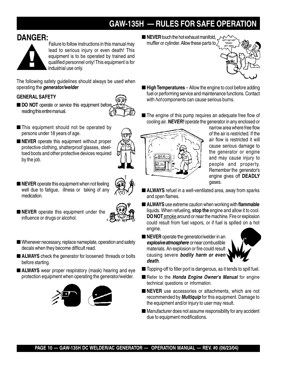 Gaw-135h — rules for safe operation, Danger | Multiquip PORTABLE DC WELDER/AC GENERATOR (GASOLINE ENGINE) GAW-135H User Manual | Page 10 / 84