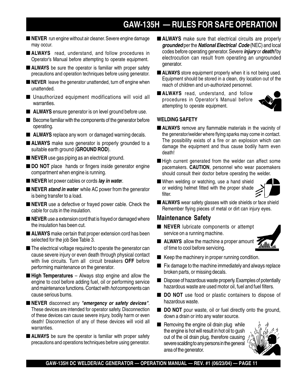 Gaw-135h — rules for safe operation, Maintenance safety | Multiquip PORTABLE DC WELDER/AC GENERATOR (GASOLINE ENGINE) GAW-135H User Manual | Page 11 / 84