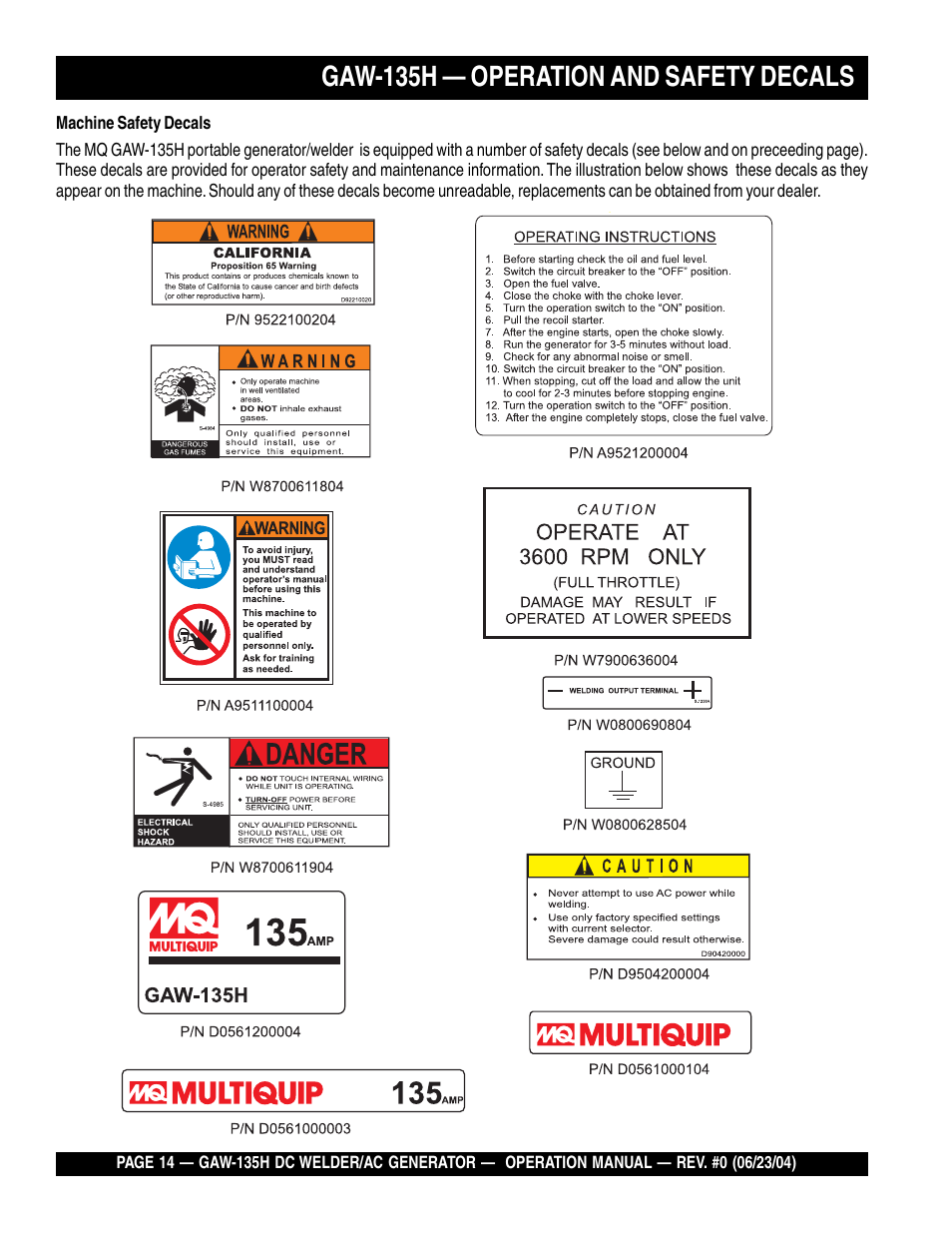 Gaw-135h — operation and safety decals | Multiquip PORTABLE DC WELDER/AC GENERATOR (GASOLINE ENGINE) GAW-135H User Manual | Page 14 / 84