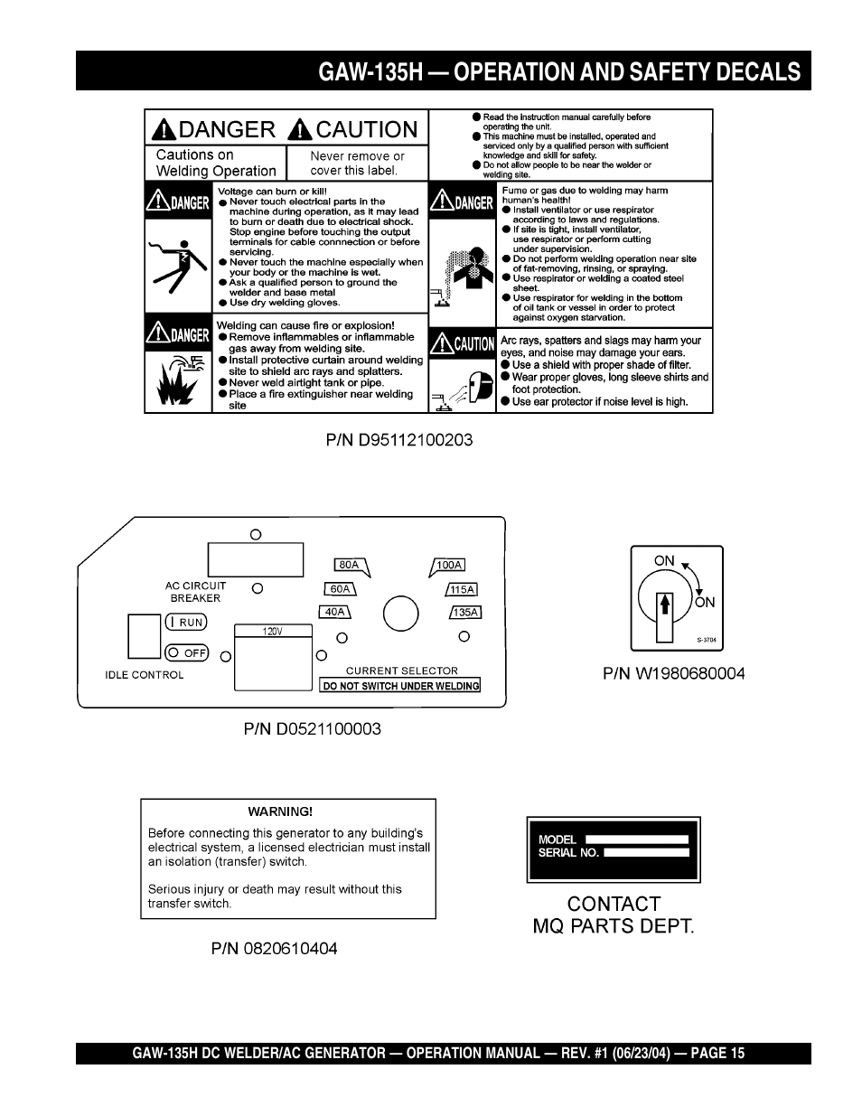 Gaw-135h — operation and safety decals | Multiquip PORTABLE DC WELDER/AC GENERATOR (GASOLINE ENGINE) GAW-135H User Manual | Page 15 / 84