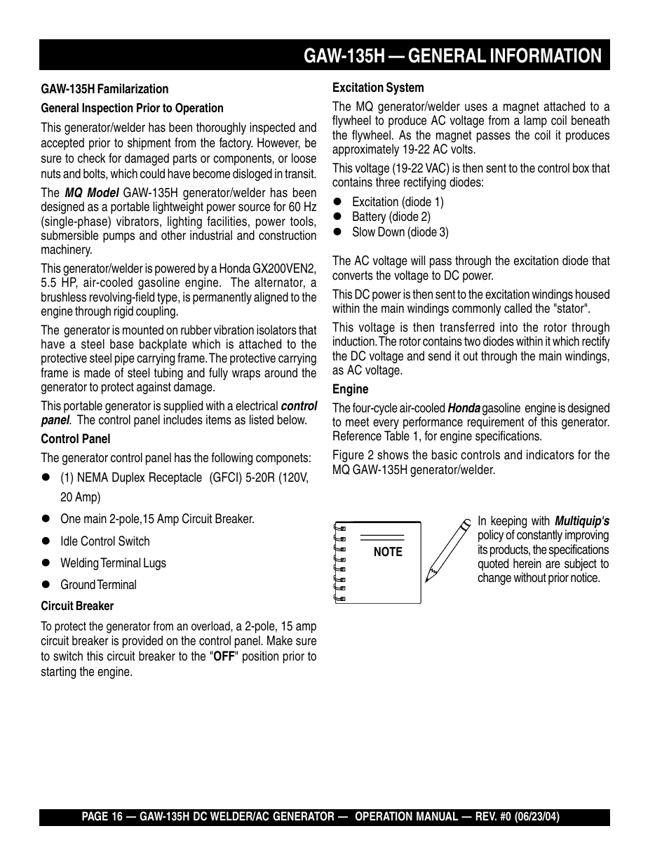 Gaw-135h — general information | Multiquip PORTABLE DC WELDER/AC GENERATOR (GASOLINE ENGINE) GAW-135H User Manual | Page 16 / 84