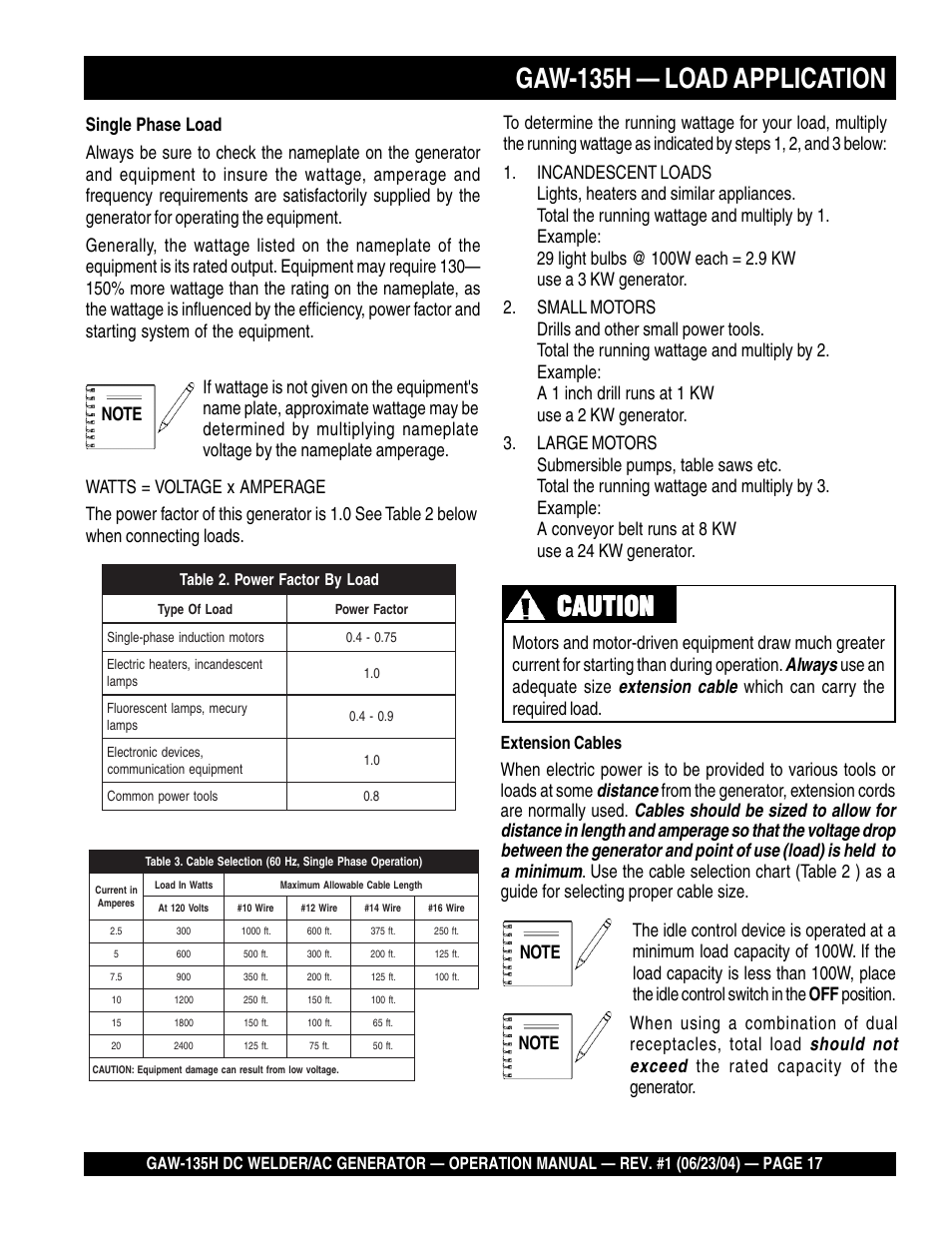 Gaw-135h — load application, Caution, Extension cables | Multiquip PORTABLE DC WELDER/AC GENERATOR (GASOLINE ENGINE) GAW-135H User Manual | Page 17 / 84