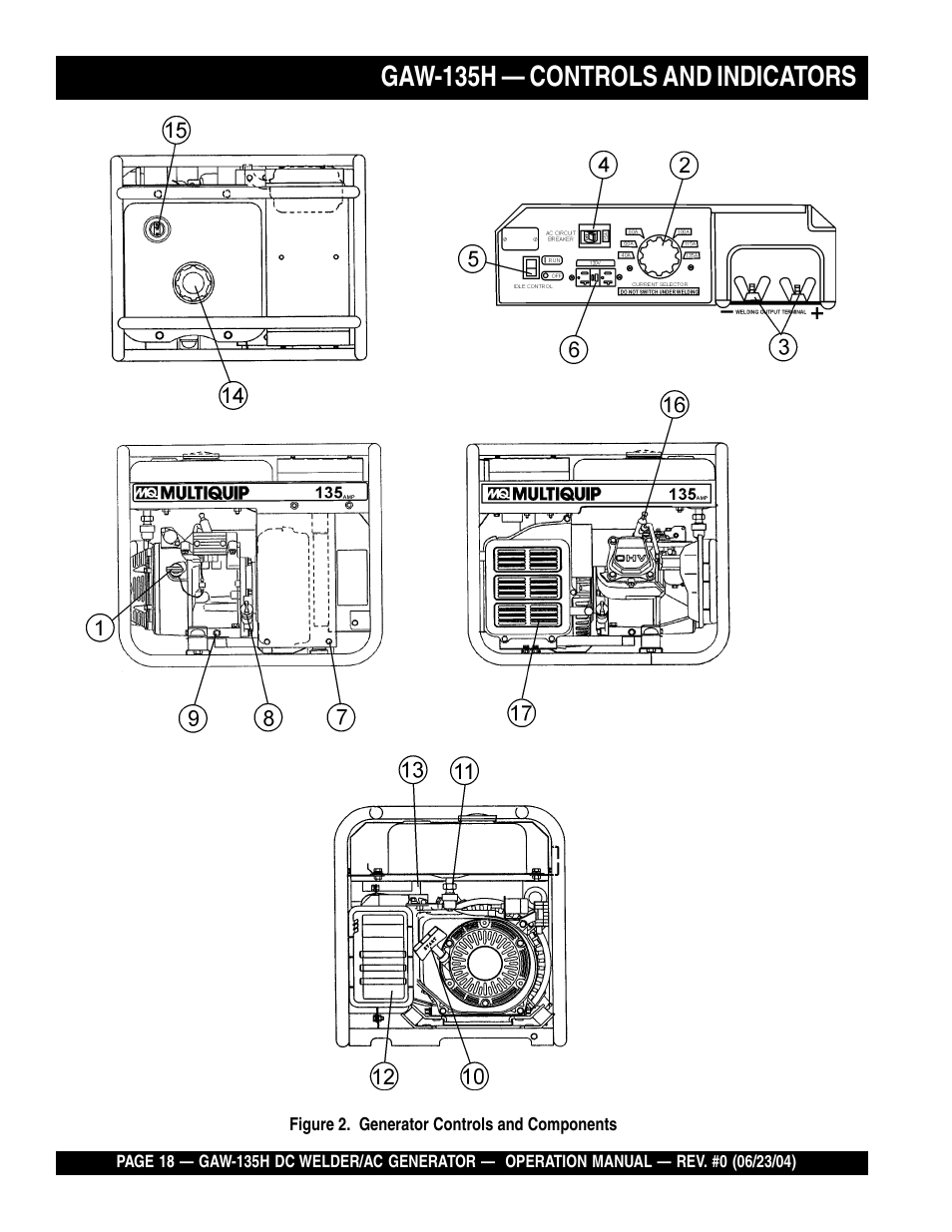 Gaw-135h — controls and indicators | Multiquip PORTABLE DC WELDER/AC GENERATOR (GASOLINE ENGINE) GAW-135H User Manual | Page 18 / 84