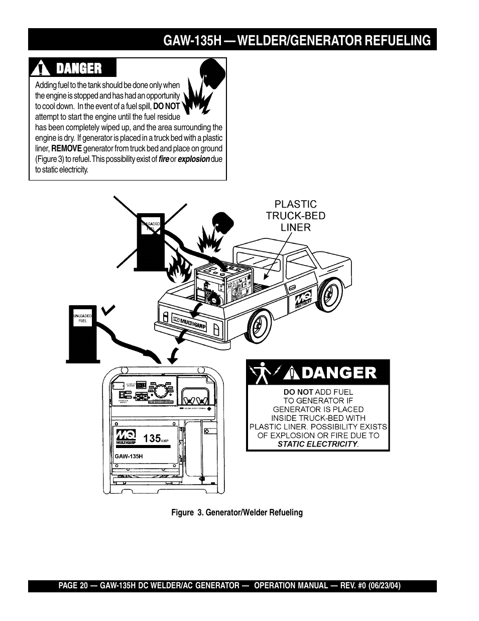 Gaw-135h — welder/generator refueling, Danger | Multiquip PORTABLE DC WELDER/AC GENERATOR (GASOLINE ENGINE) GAW-135H User Manual | Page 20 / 84