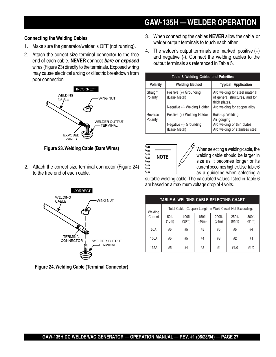 Gaw-135h — welder operation | Multiquip PORTABLE DC WELDER/AC GENERATOR (GASOLINE ENGINE) GAW-135H User Manual | Page 27 / 84