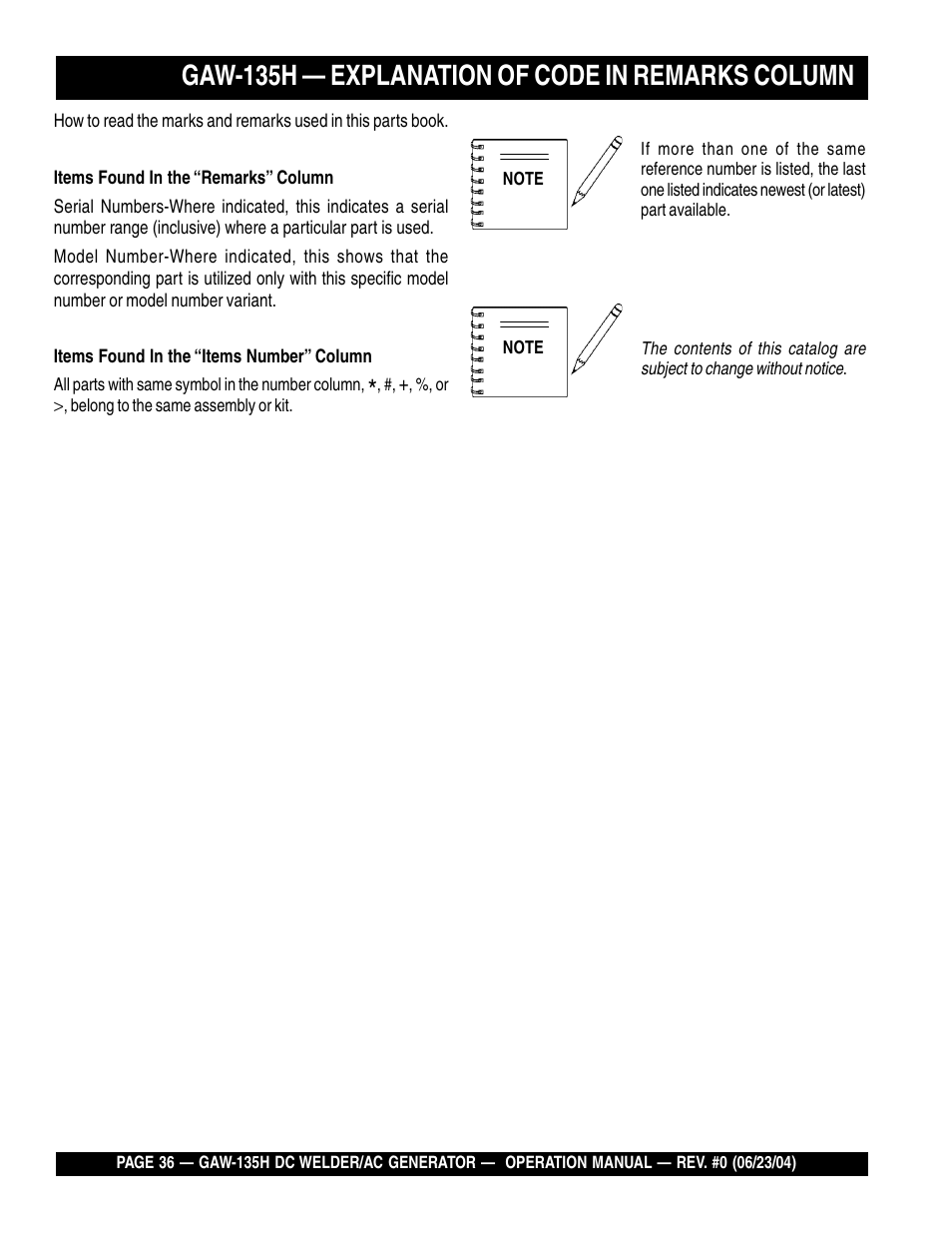 Gaw-135h — explanation of code in remarks column | Multiquip PORTABLE DC WELDER/AC GENERATOR (GASOLINE ENGINE) GAW-135H User Manual | Page 36 / 84