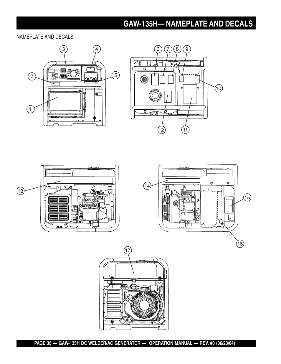 Gaw-135h— nameplate and decals | Multiquip PORTABLE DC WELDER/AC GENERATOR (GASOLINE ENGINE) GAW-135H User Manual | Page 38 / 84