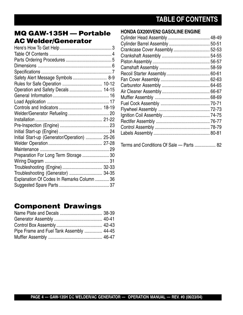 Multiquip PORTABLE DC WELDER/AC GENERATOR (GASOLINE ENGINE) GAW-135H User Manual | Page 4 / 84