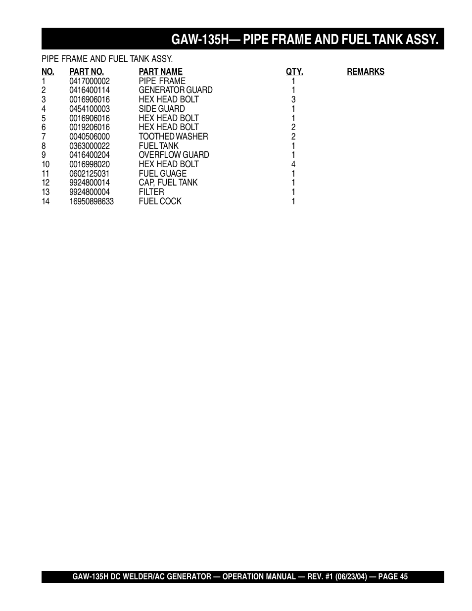 Gaw-135h— pipe frame and fuel tank assy | Multiquip PORTABLE DC WELDER/AC GENERATOR (GASOLINE ENGINE) GAW-135H User Manual | Page 45 / 84