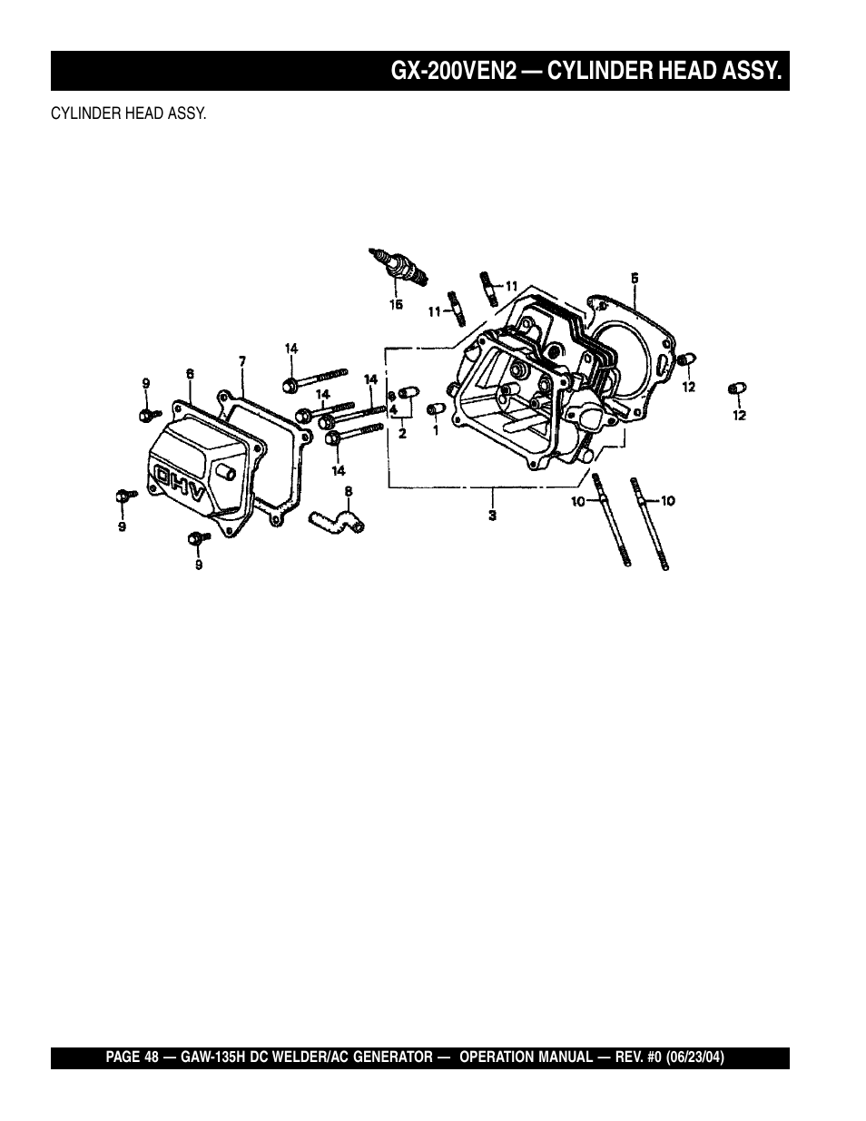 Gx-200ven2 — cylinder head assy | Multiquip PORTABLE DC WELDER/AC GENERATOR (GASOLINE ENGINE) GAW-135H User Manual | Page 48 / 84