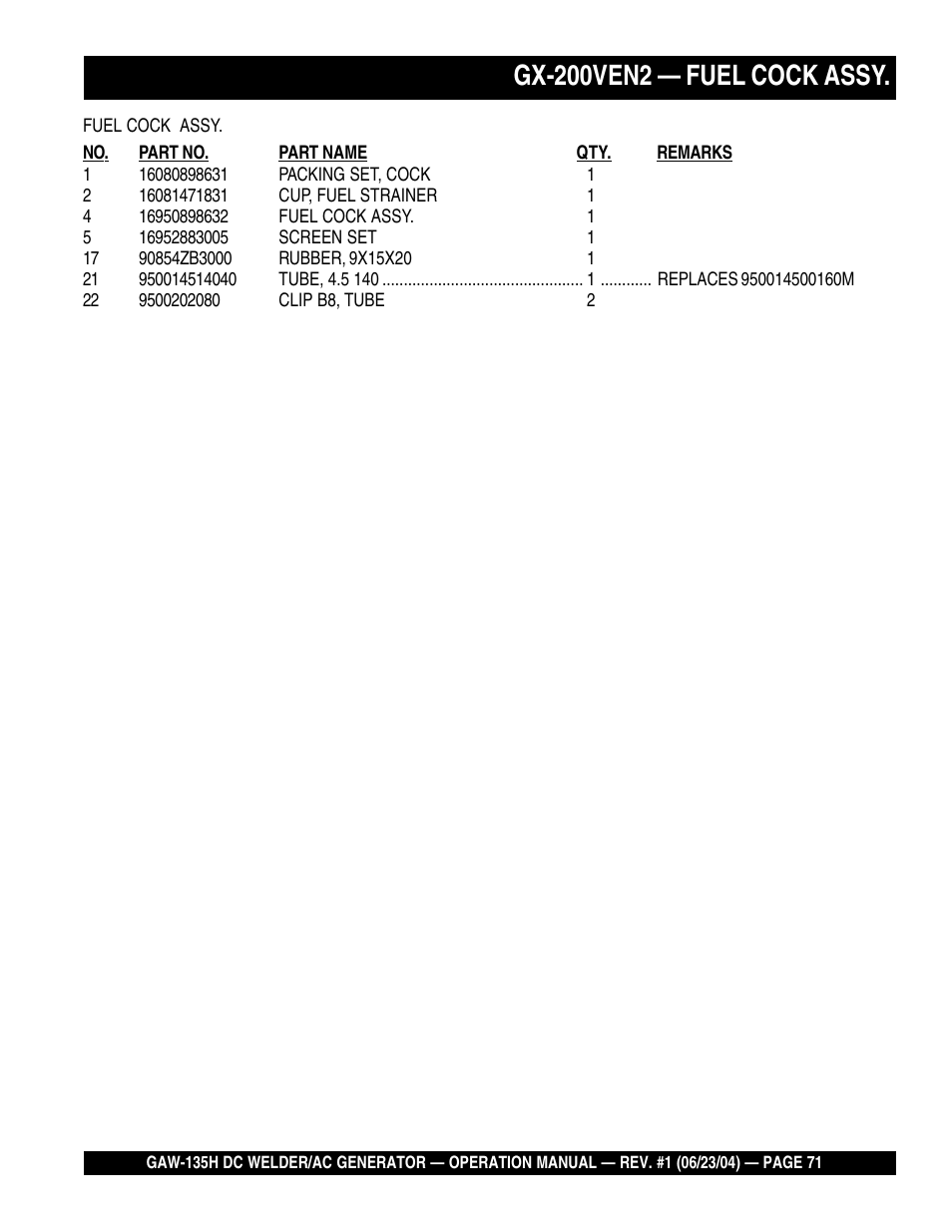 Gx-200ven2 — fuel cock assy | Multiquip PORTABLE DC WELDER/AC GENERATOR (GASOLINE ENGINE) GAW-135H User Manual | Page 71 / 84