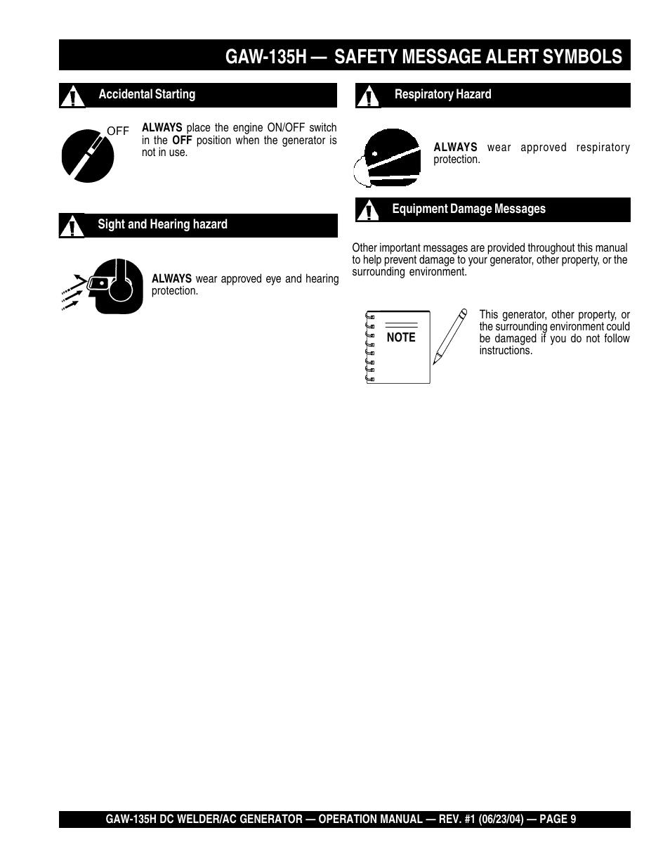 Gaw-135h — safety message alert symbols | Multiquip PORTABLE DC WELDER/AC GENERATOR (GASOLINE ENGINE) GAW-135H User Manual | Page 9 / 84