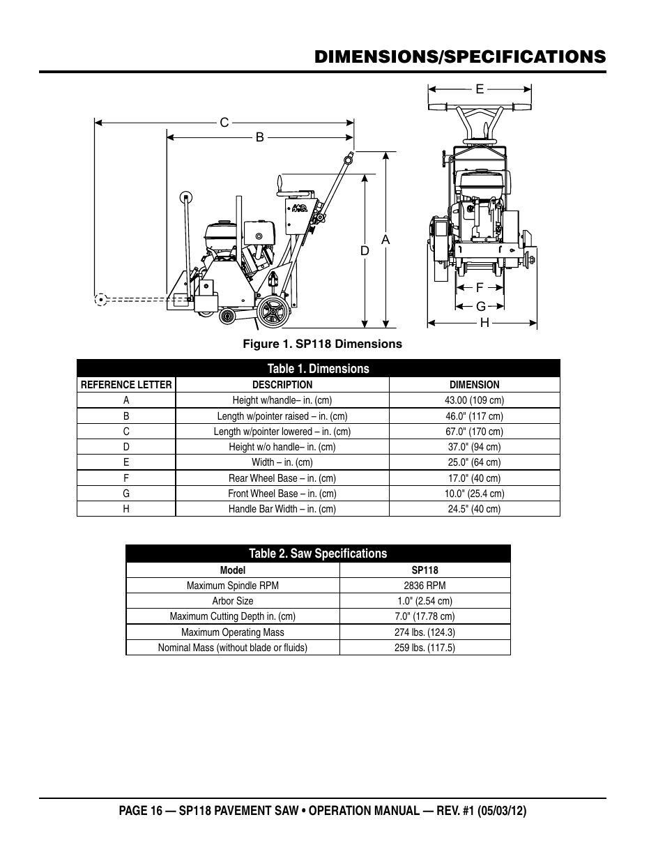 Dimensions/specifications | Multiquip StreetPro Professional Pavement Saw SP118 User Manual | Page 16 / 38