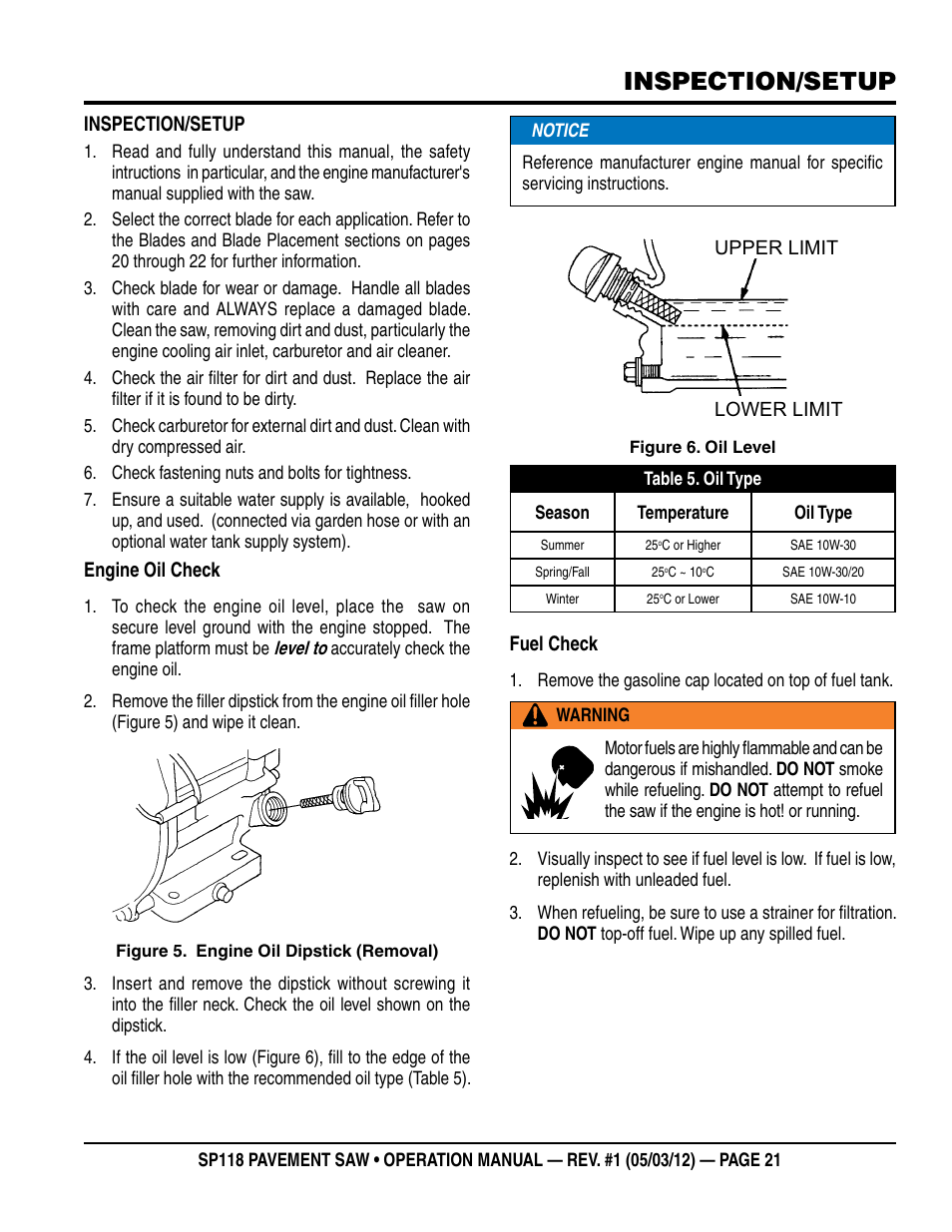 Inspection/setup | Multiquip StreetPro Professional Pavement Saw SP118 User Manual | Page 21 / 38