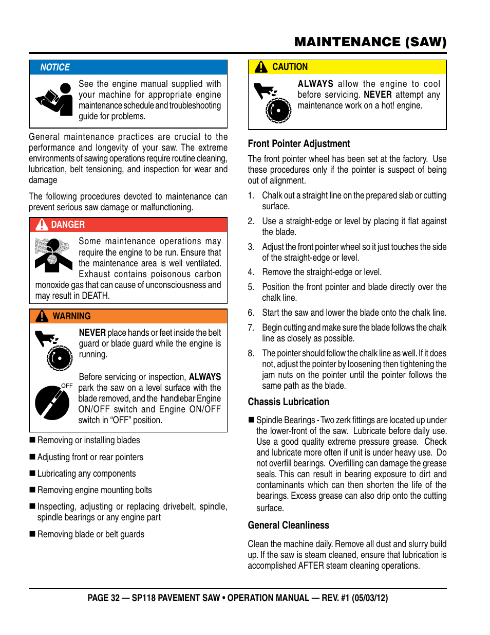 Maintenance (saw) | Multiquip StreetPro Professional Pavement Saw SP118 User Manual | Page 32 / 38