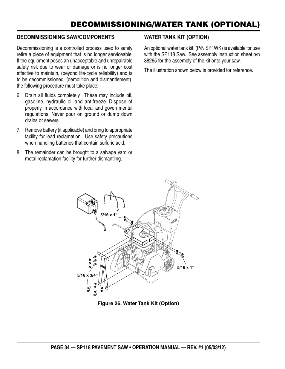 Decommissioning/water tank (optional) | Multiquip StreetPro Professional Pavement Saw SP118 User Manual | Page 34 / 38