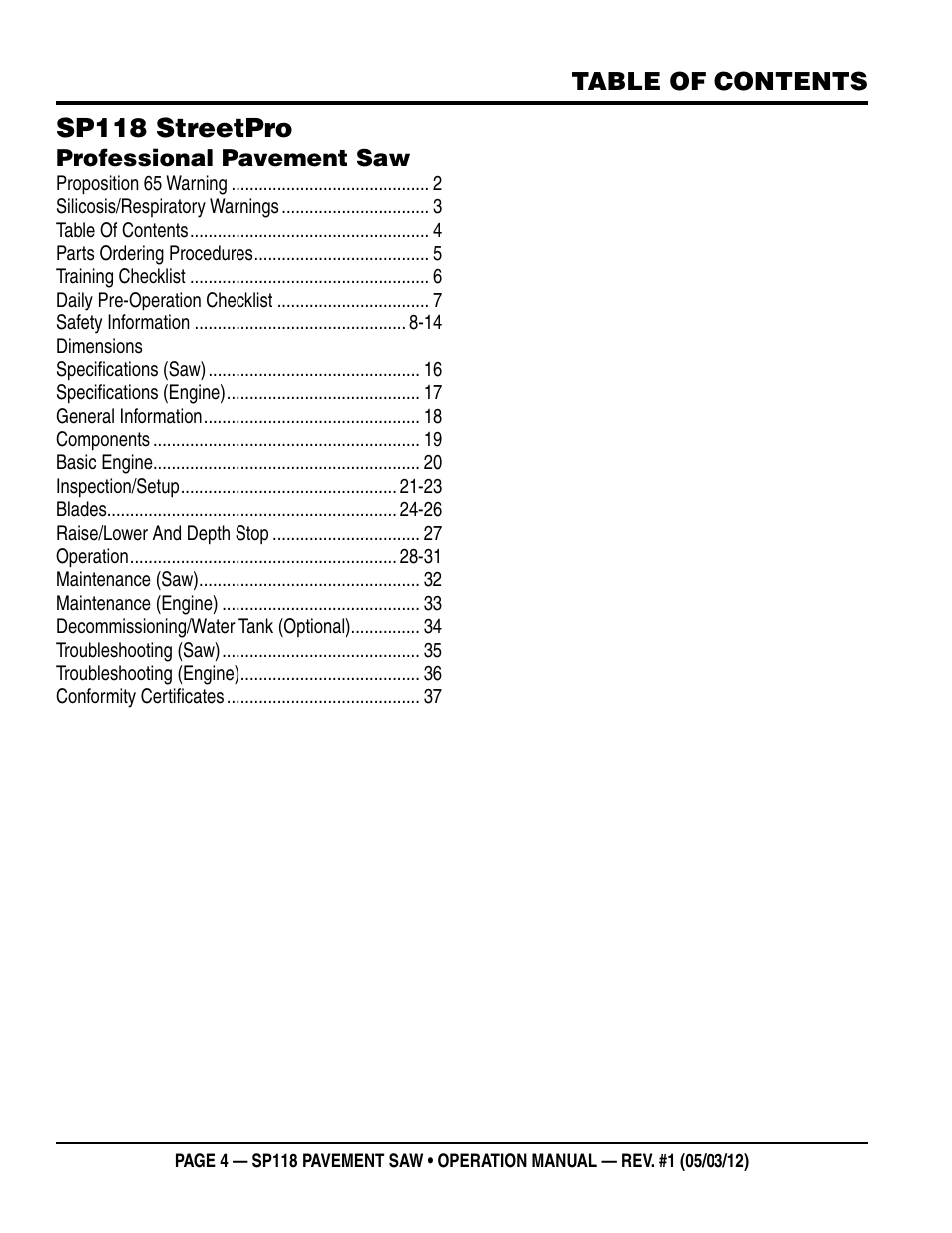 Multiquip StreetPro Professional Pavement Saw SP118 User Manual | Page 4 / 38