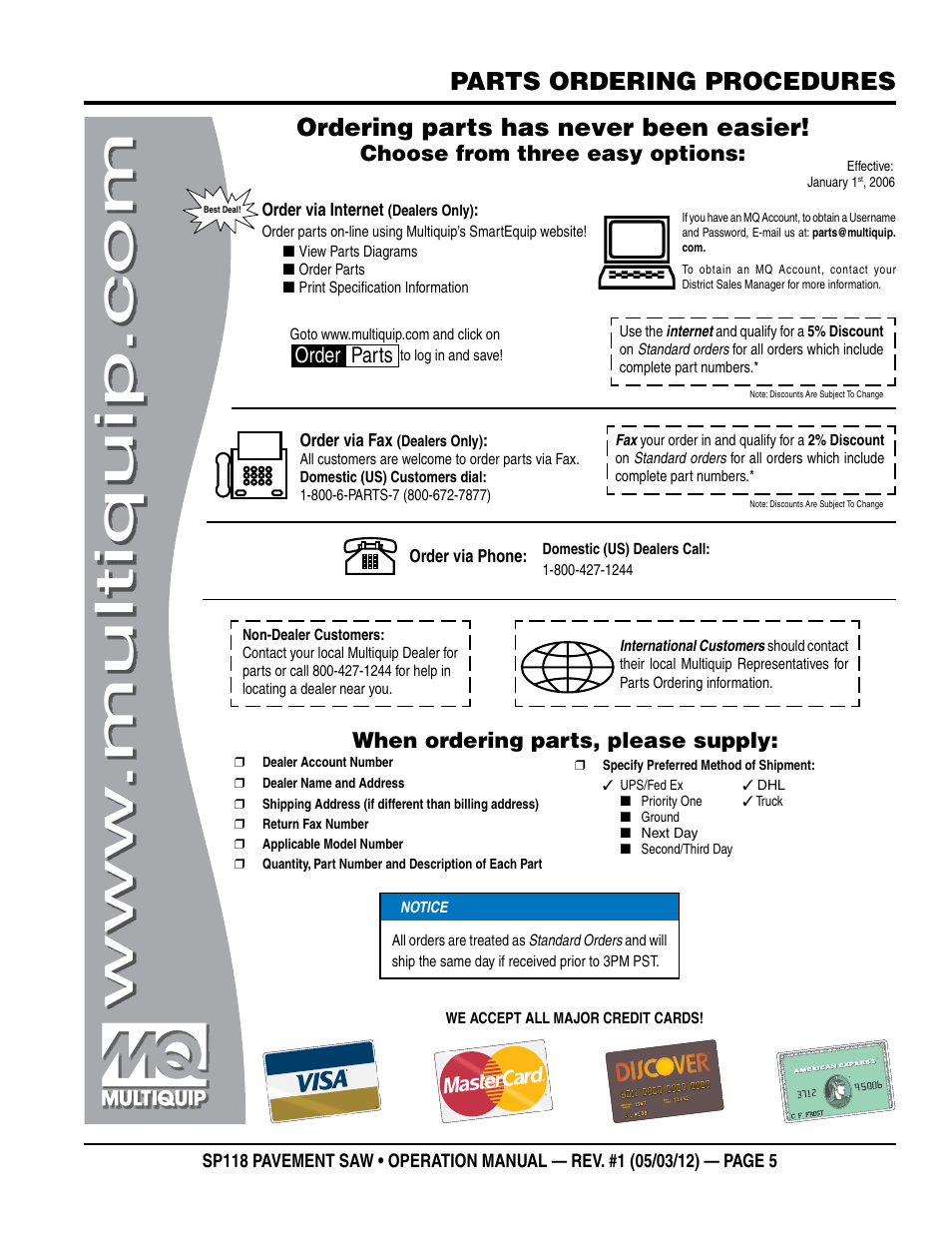 Parts ordering procedures, Ordering parts has never been easier, Choose from three easy options | When ordering parts, please supply, Order parts | Multiquip StreetPro Professional Pavement Saw SP118 User Manual | Page 5 / 38