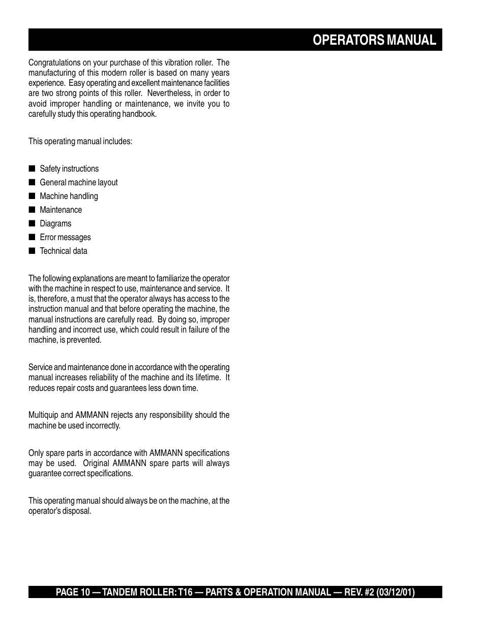 Operators manual | Multiquip Rammax Tandem Vibratory Roller T16 User Manual | Page 10 / 178