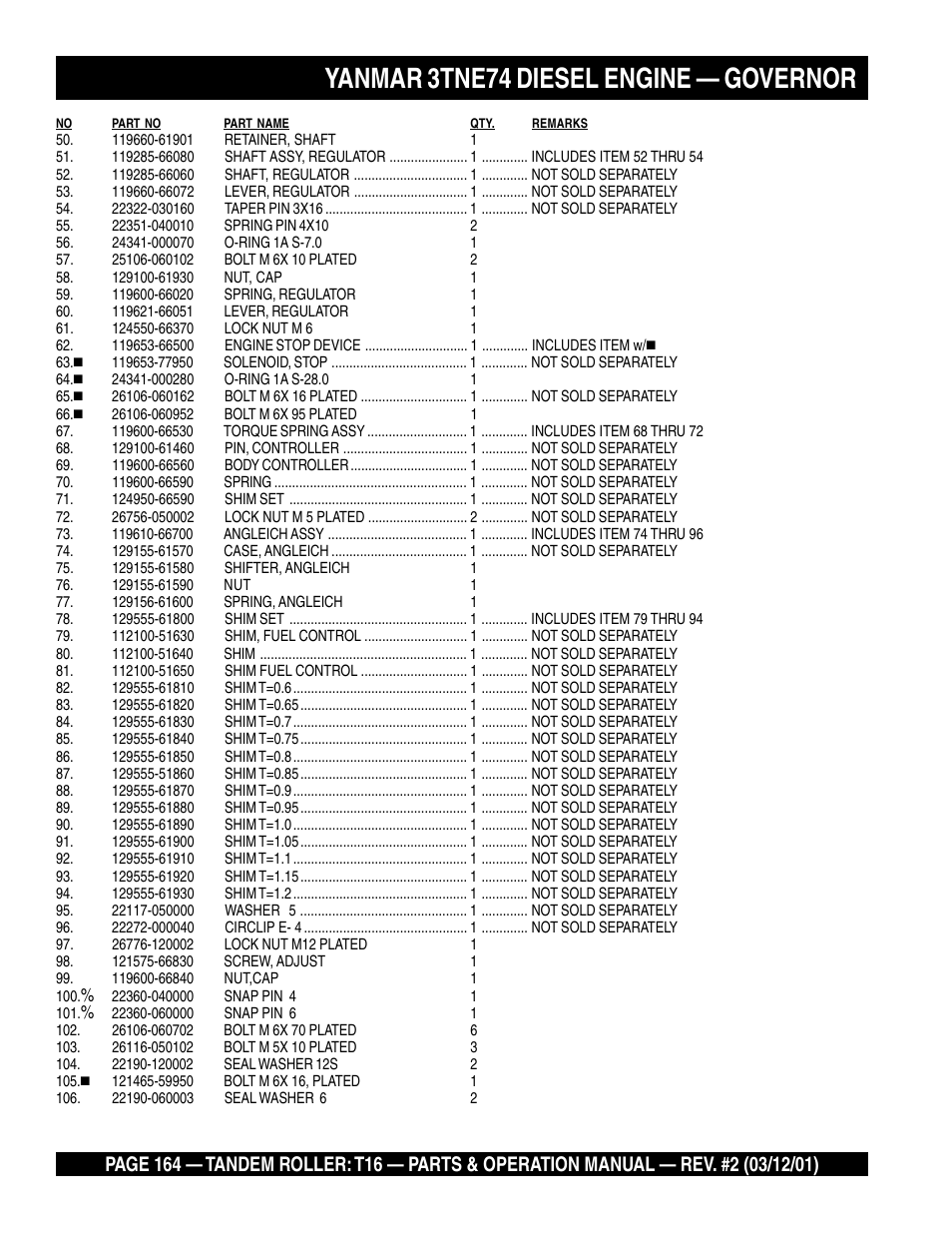 Yanmar 3tne74 diesel engine — governor | Multiquip Rammax Tandem Vibratory Roller T16 User Manual | Page 164 / 178