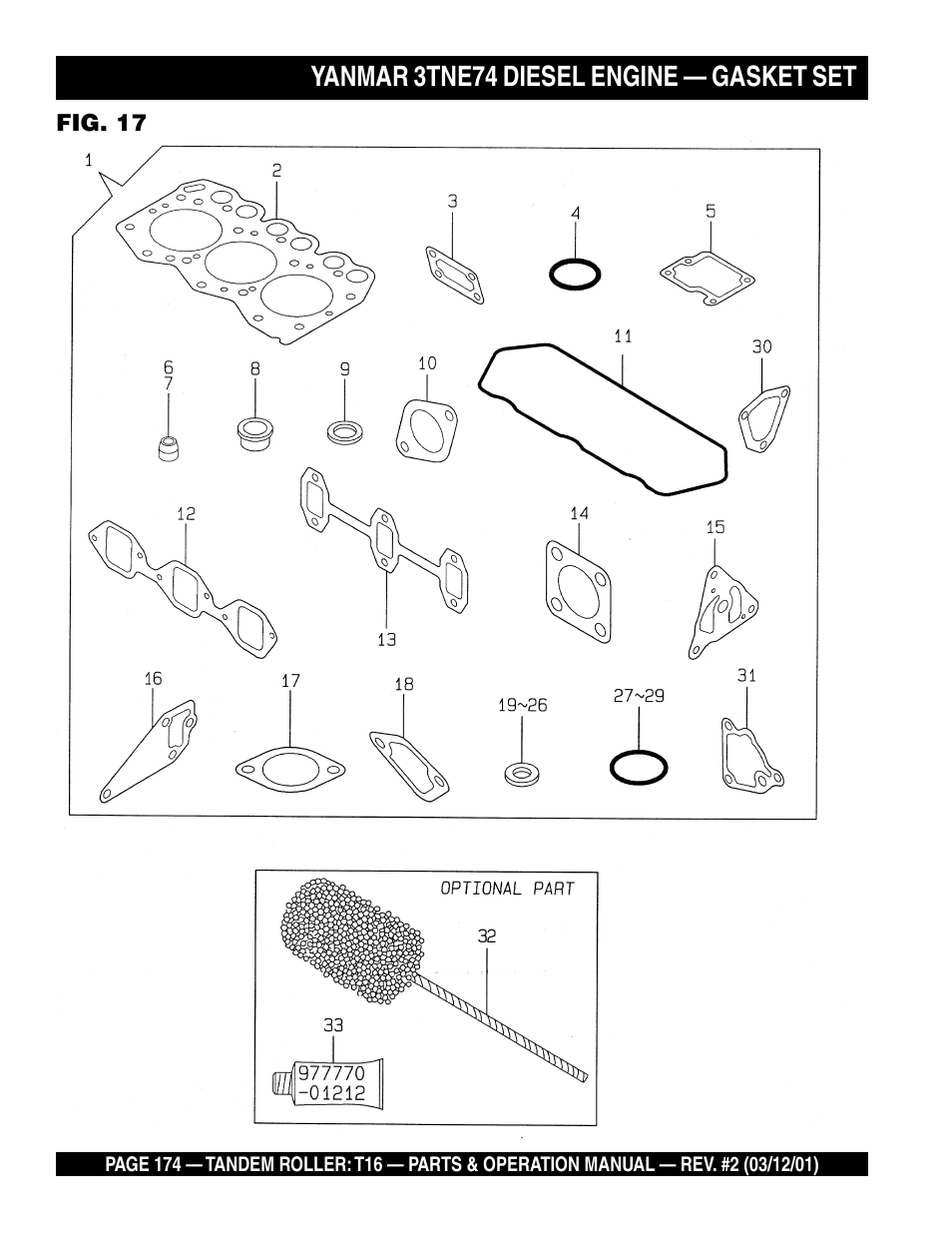 Yanmar 3tne74 diesel engine — gasket set | Multiquip Rammax Tandem Vibratory Roller T16 User Manual | Page 174 / 178