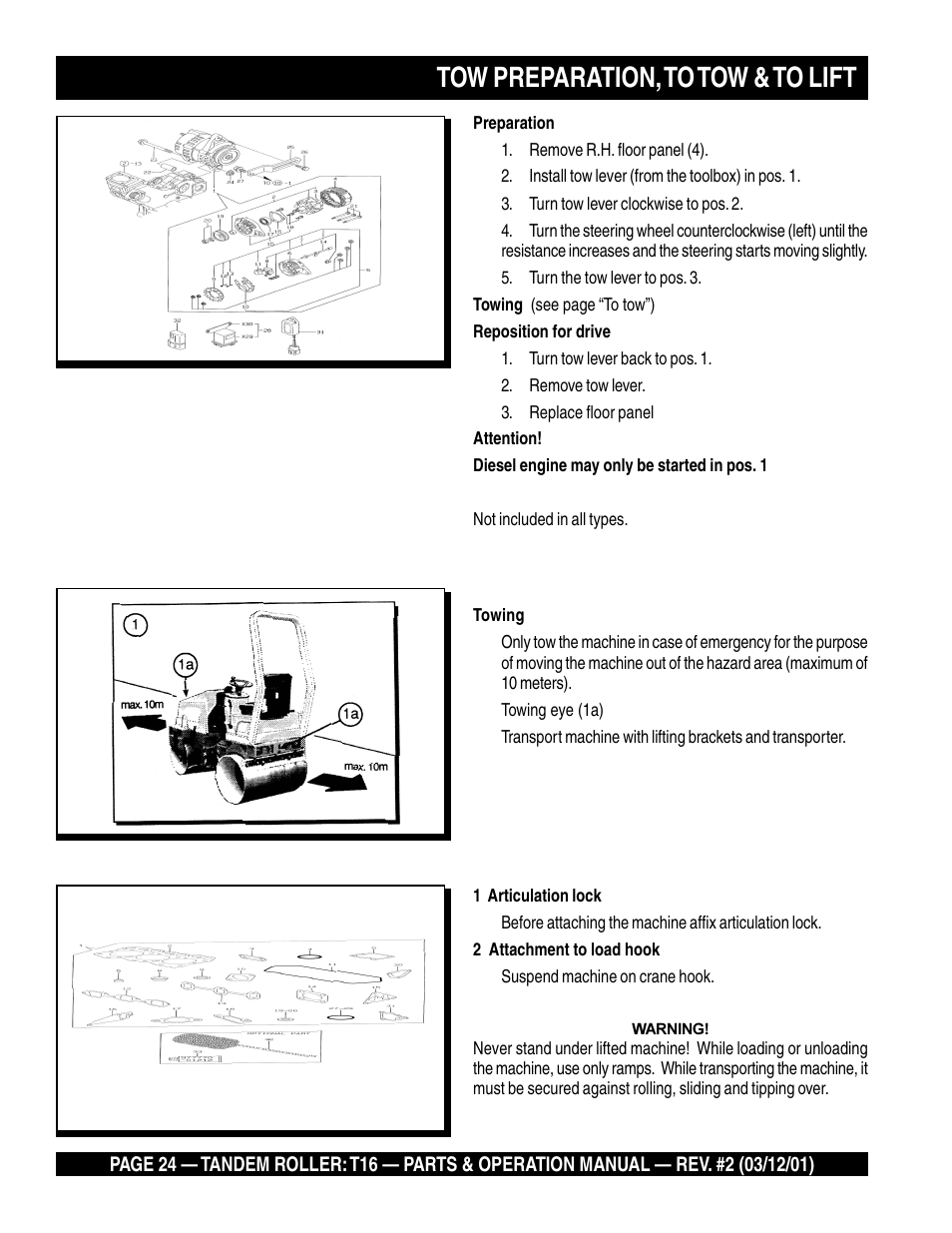 Tow preparation, to tow & to lift | Multiquip Rammax Tandem Vibratory Roller T16 User Manual | Page 24 / 178