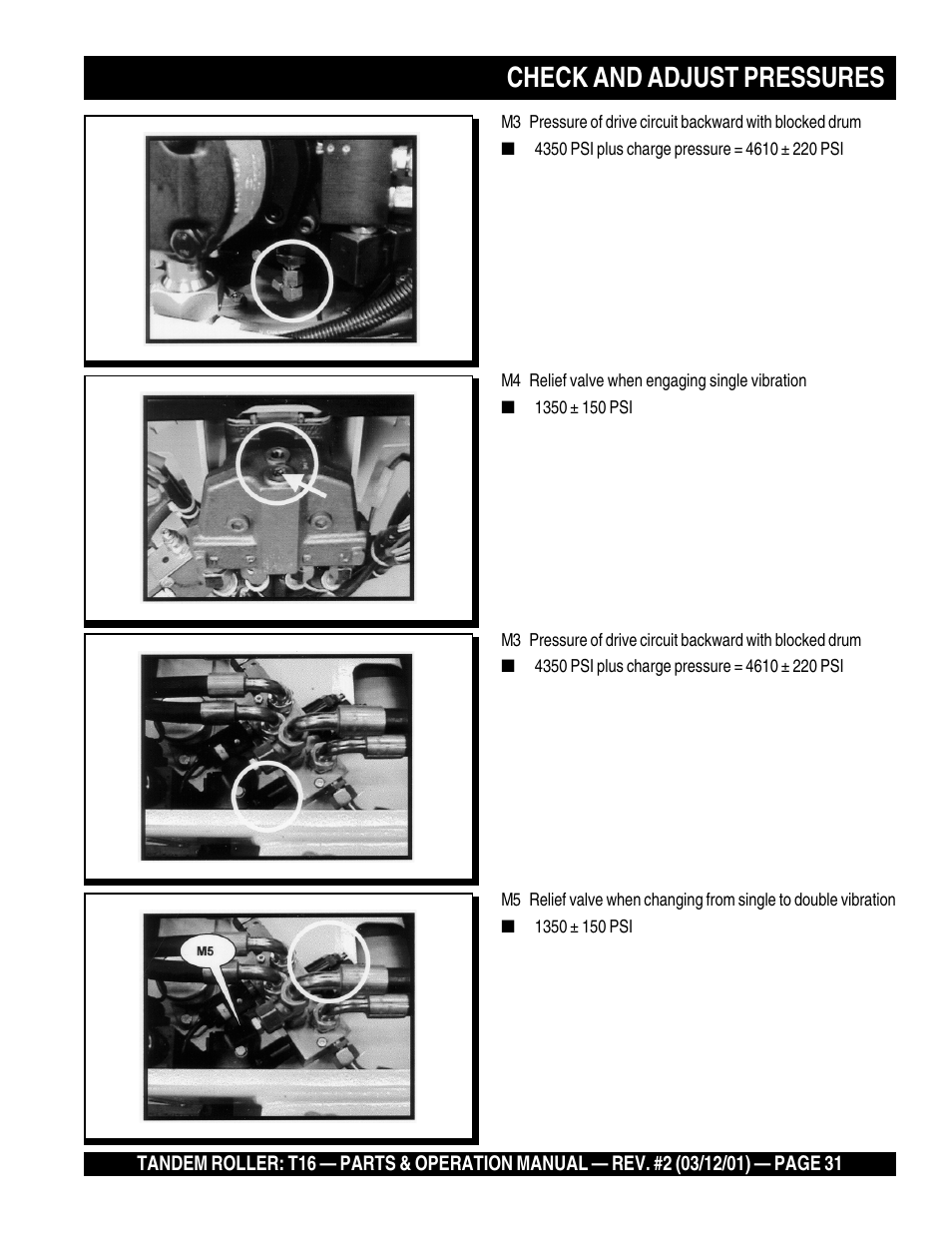 Check and adjust pressures | Multiquip Rammax Tandem Vibratory Roller T16 User Manual | Page 31 / 178