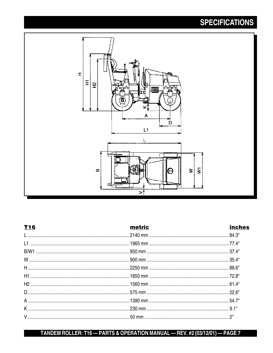 Specifications | Multiquip Rammax Tandem Vibratory Roller T16 User Manual | Page 7 / 178