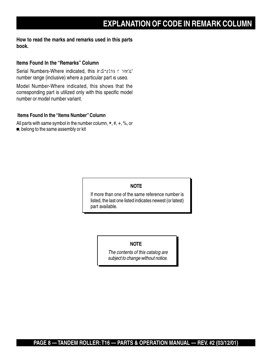 Explanation of code in remarks column, Explanation of code in remark column | Multiquip Rammax Tandem Vibratory Roller T16 User Manual | Page 8 / 178