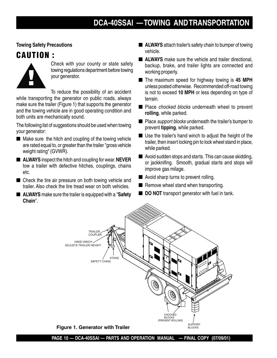 Caution, Dca-40ssai — towing and transportation | Multiquip MQ POWER WHISPERWATTTM GENERATOR DCA-40SSAI User Manual | Page 10 / 140