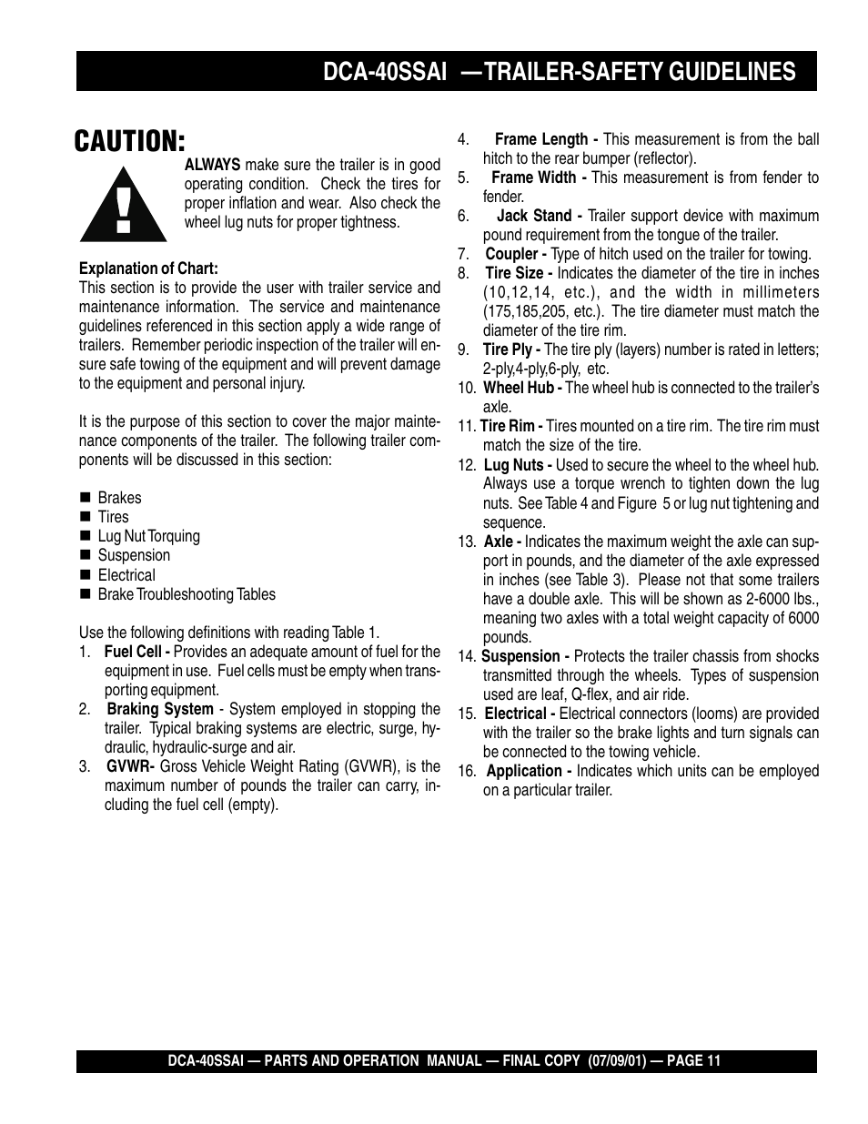 Caution, Dca-40ssai — trailer-safety guidelines | Multiquip MQ POWER WHISPERWATTTM GENERATOR DCA-40SSAI User Manual | Page 11 / 140