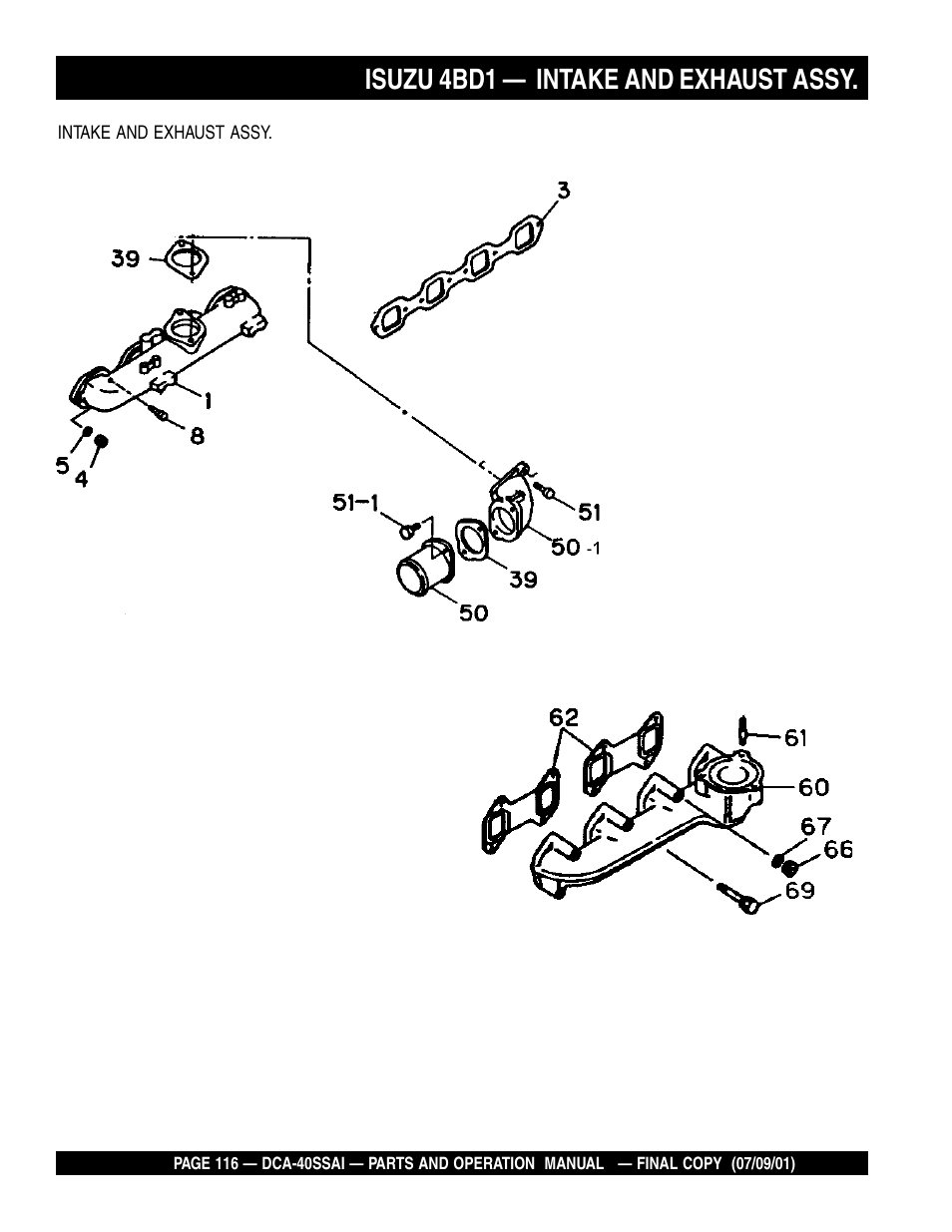 Isuzu 4bd1 — intake and exhaust assy | Multiquip MQ POWER WHISPERWATTTM GENERATOR DCA-40SSAI User Manual | Page 116 / 140