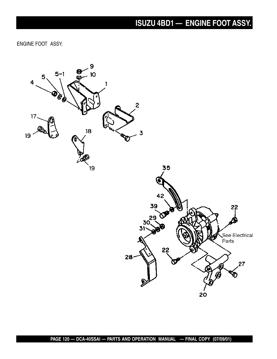 Isuzu 4bd1 — engine foot assy | Multiquip MQ POWER WHISPERWATTTM GENERATOR DCA-40SSAI User Manual | Page 120 / 140