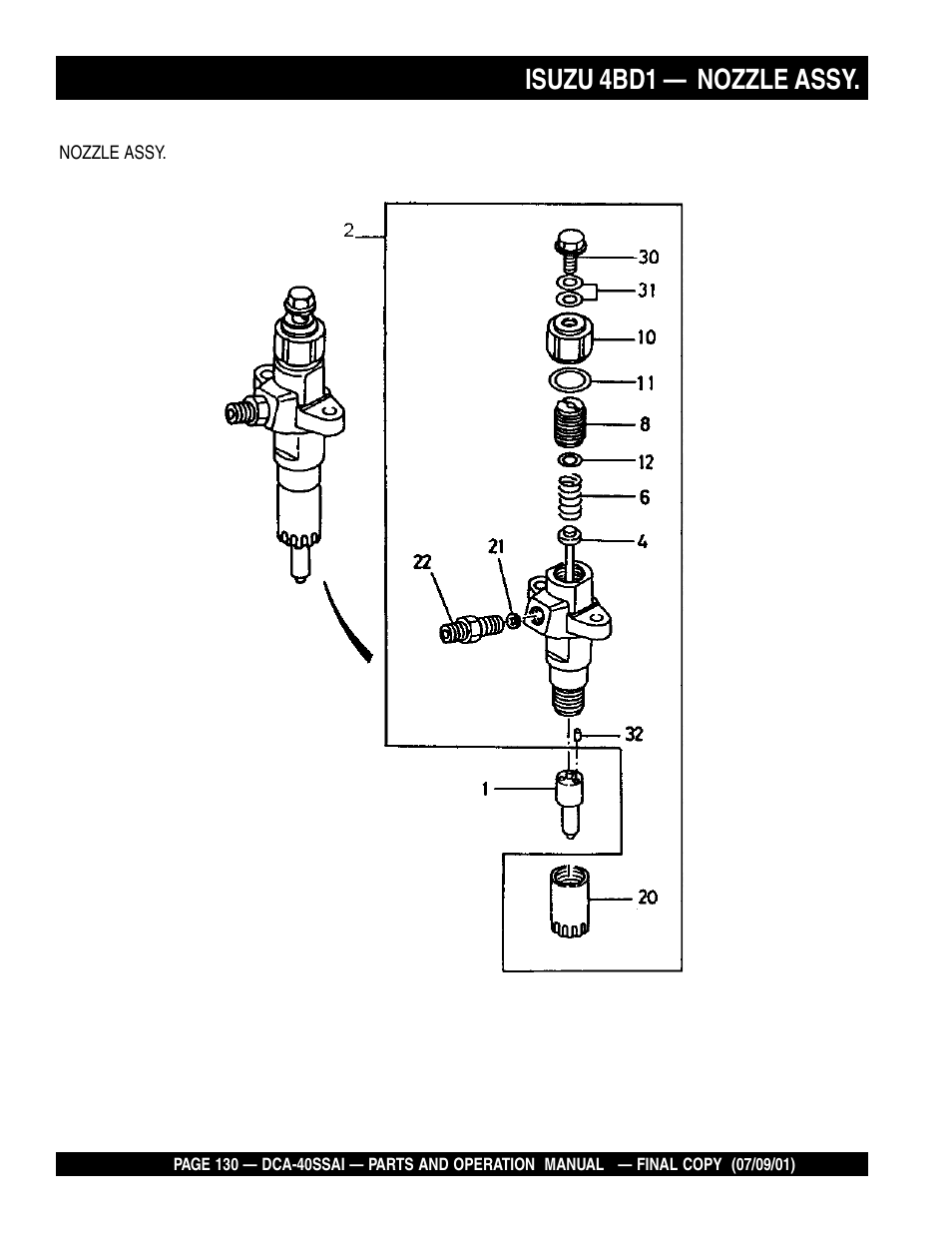 Isuzu 4bd1 — nozzle assy | Multiquip MQ POWER WHISPERWATTTM GENERATOR DCA-40SSAI User Manual | Page 130 / 140